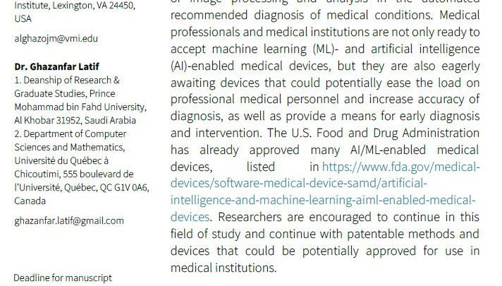 Guest Editor of the Diagnostics special issue on AI/ML-based medical image processing