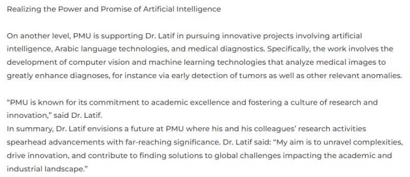 PMU's 2024 research highlights profile Dr. Latif's patented AI research