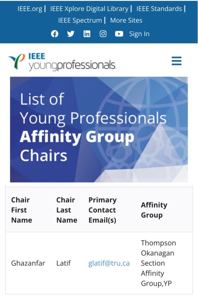 Elected Chair of the IEEE Young Professionals Affinity Group, Thompson Okanagan Section