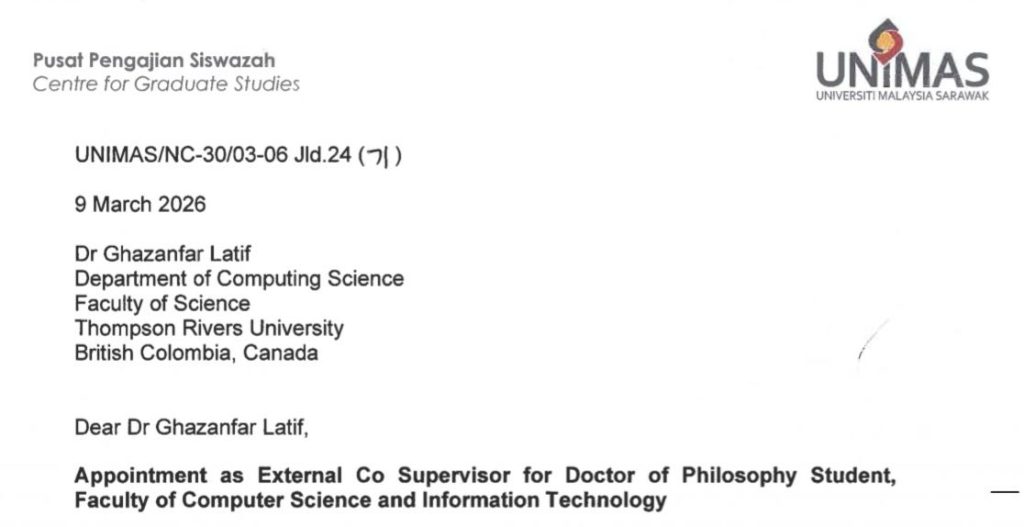 Appointed co-supervisor of three PhD students at Universiti Malaysia Sarawak